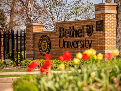 Bethel University sign in front of campus