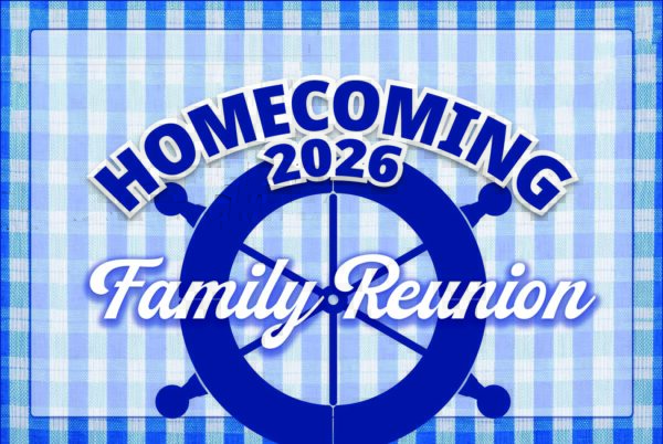 Bethel University Homecoming 2026 Family Reunion graphic featuring a navy ship’s helm on a blue gingham background.