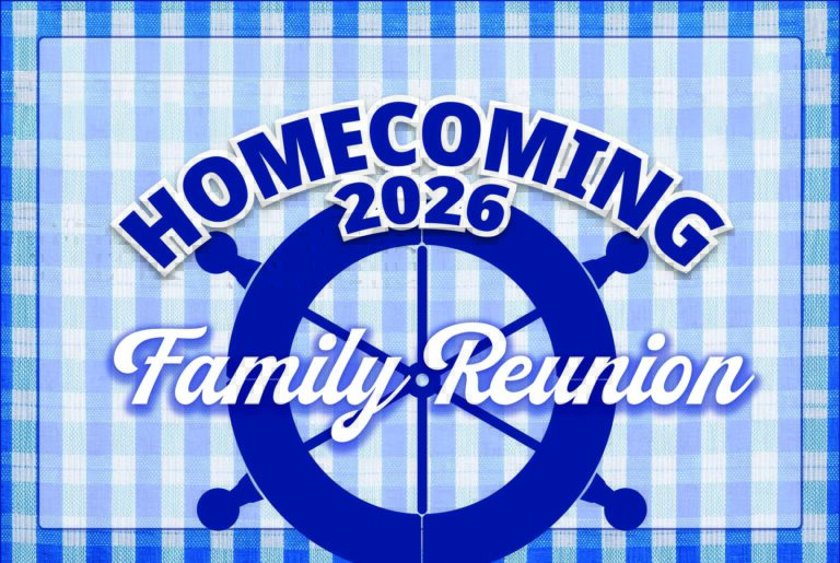 Bethel University Homecoming 2026 Family Reunion graphic featuring a navy ship’s helm on a blue gingham background.